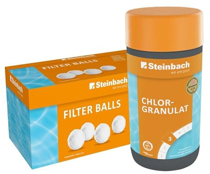 Steinbach Poolpflege-Set | Chlorgranulat 1 kg & Filter Balls 700 g | Schockchlorung & Wasserdesinfektion | ersetzt Filtersand | kristallklares Poolwasser ohne Rückstände