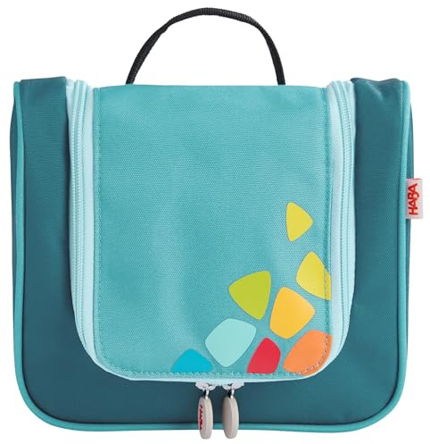 HABA Kinder-Kulturbeutel Petrol – Waschtasche zum Hängen oder Stellen aus recyceltem Polyester, mit Hauptfach, Reißverschlussfach & Netztaschen – ab 2 Jahren 2012726001