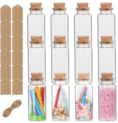 EkkoVla 30ml Glass Bottles with Cork Stoppers, 12 Pack Small Vials – Empty Spell Jars for DIY Wedding Favours, Party Gifts, Jewellery Making, and Home Storage, with Kraft Tags and Twine for Gifting