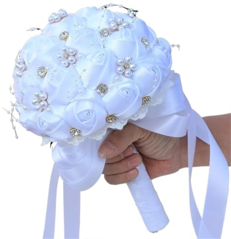 KUNYOS Bouquet da Sposa, Materiale in Raso Artificiale, Bouquet di Rose for Damigelle, Decorazione con Filo di Perle di Strass(Pure White)