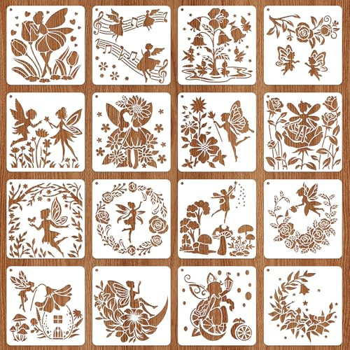 JSRQT 16 Piezas Plantillas de Hadas para Pintar, Plástico Reutilizables Ángel Elfo Flor Stencils para Manualidades, Plantillas para Pintar Dibujar para Madera Pared Lienzo Papel y Muebles, 15 x15 cm