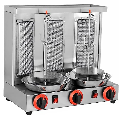 WOTZOV Forno girarrosto Rotante a 360°, Macchina per griglia Verticale per Kebab e Doner, con 3 bruciatori, vaschetta raccogli-Carne, Attrezzatura a Gas, per cucine Commerciali，Silver