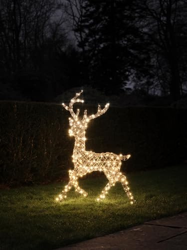 Lights4fun Kunstrattan Studley-Hirsch | mit 260 warmweißen LEDs & 3 Beleuchtungsmodi | strombetrieben für den Außenbereich | Weihnachten Weihnachtsdeko Weihnachtsbeleuchtung | Rentier Figur Garten