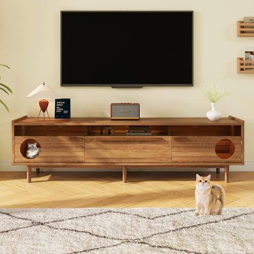 boorbin Mueble de televisión moderno con LED, con sala de descanso para gatos, palancas de apoyo, puertas de cristal reforzado de acero y 1 cajón (sin cojín para gatos), color nogal (180 × 40 × 50 cm)