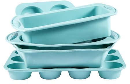 GREENSAPPIRE 7in1 Silicone Baking Set 5 Silicone Molds 2 Silicones Brush Nonstick Baking Cake Pan Tray Sheet Mould Set for Oven for Pancake Crepe Cupcake Bread Loaf Muffin Scones Utensil