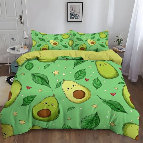 Generisch Bettwäsche 135 x 200 cm 2-teilig Bettwäsche-Sets - Grün Cartoon Avocado Herz Stern Blatt Bettbezug, Bügelfrei Weich Mikrofaser Bettdeckenbezug für Kinder Jugendliche, mit Reißverschluss