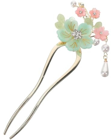 WERIGONI 1PCS Haarnadel Vintage Haarstab mit Floralem Muster, Mintgrüne und Rosafarbene Chinesische Haarnadel aus Metall mit Perlenquasten