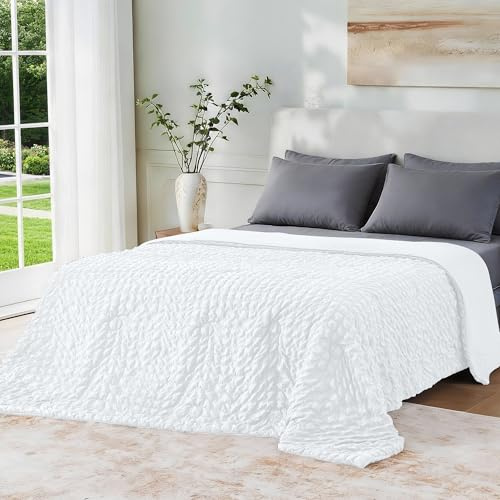 bedsmile Queen Size Seersucker Cooling Comforter, Q-Max 0.45 Ice Blanket for Hot Sleepers, Reversible & Breathable Summer Bedding, Lightweight Silk Smooth, Ice White