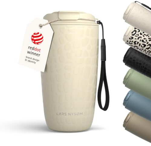 LARS NYSØM Taza térmica café para llevar con correa y Tapa | Termo Café de 0,5L con aislante | Travel mug con diseño de patrón de acero inoxidable a prueba de fugas (Beige/Crocodile/Beige, 500ml)
