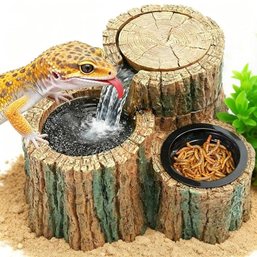 MIXJOY 2-in-1 Reptilien-Wasserbrunnen mit Futterschale, 550 ml, Reptilien-Wasserfall-Trinkbrunnen mit einstellbarem Durchfluss, natürliches Harz, Reptilien-Wasserspender für Bartagamen, Gecko
