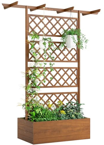 Outsunny Jardinière Surélevée avec Treillis et Barres de Toit, bac à Fleurs, lit surélevé Trous de Drainage, Tissu Non tissé, pour Plantes grimpantes, légumes, extérieur, Bois Massif, Marron