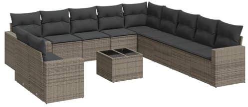 XHNIFBN 12-TLG. Poly-Rattan Lounge-Sofa Grau 62x62x69 cm mit Stauraum und Glas-Tisch UV-beständig für Balkon Garten Terrasse