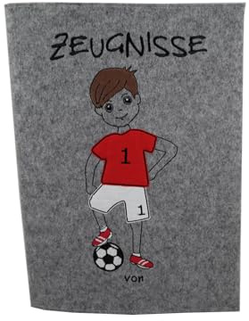Goldi-Design Zeugnismappe Fußballer Jungen personalisiert Sichtbuch DIN A4 20 Klarsichthüllen Wollfilz (grau/rot)
