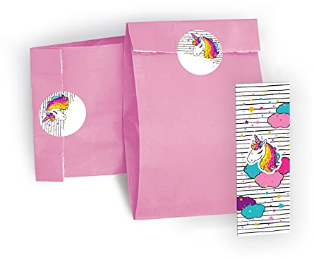 JuNa-Experten Mitgebsel Set aus 12 Geschenktüten/Hellrosa, 12 Aufkleber und 12 Lesezeichen Einhorn Unicorn/Gastgeschenk bei Kindergeburtstag für Kinder Mädchen Party-Tüten