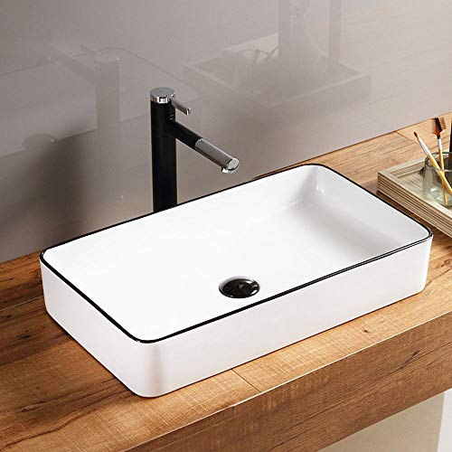 HomeLava Lavabo da appoggio per lavabo in ceramica con scarico valvola Corpo bianco Bordo nero (rubinetto non incluso) (60.5 * 35 * 11cm)