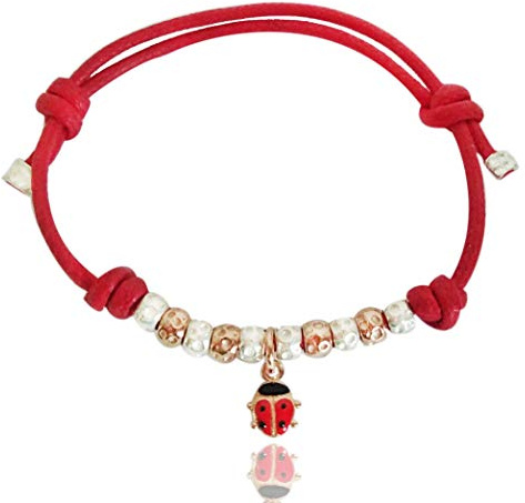 BRACCIALETTO CORDINO ROSSO con COCCINELLA SMALATATA e GRANELLI martellati in ARGENTO 925
