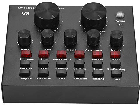 V8 Audio Sound Card, Black External Bluetooth Audio Mixer, Portable PC Karaoke Live Broadcast DJ Sound Controller, Multi-Voice Changing Sound Card, 7 Kinds of Connection Methods etc.