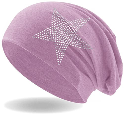 Hatstar Strass Stern Damen Beanie Mütze | elastisches Slouch Long Beanie | Mädchen Mütze | mit edler Strass Applikation | leicht und weich