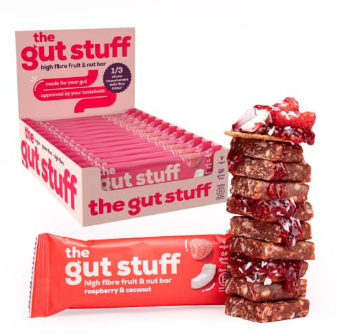 The Gut Stuff Fruit & Nut Bars, Raspberry & Coconut Flavour - 12 Bars | Gut Friendly Snack | High Fibre | Gluten Free | Vegan | Low Calorie | Everyday Snacking