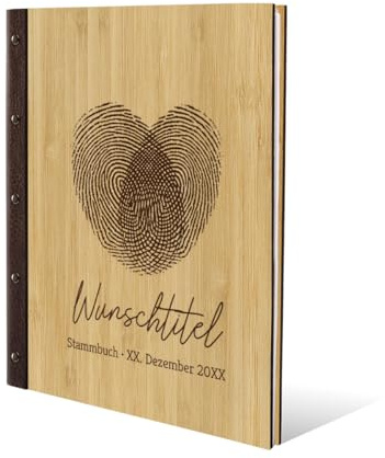 Stammbuch Gravur individuell Bambus Cover mit Echtleder Rücken inkl. vorgedruckte Seiten und Klarsichthüllen DIN A4 (240 x 310 mm) - Fingerabdrücke