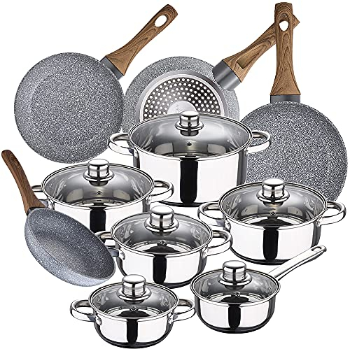 Bateria de cocina 12 piezas SAN IGNACIO Cassel, acero inoxidable, con juego sartenes (20/24/26/28 cm) SAN IGNACIO Daimiel en aluminio forjado