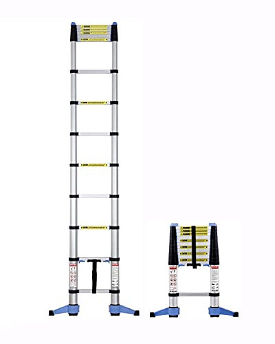 Telescopic Ladder 3.2m SOFT CLOSE Tall Extendable Step Ladder 11 Tread Compact Design Folding Stabiliser Bar And Wall Stand Offs Aluminium 150 kg Capacity Silver/Black EN131-6