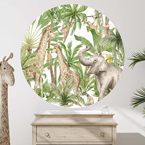 WANDKIND Rundes Wandtattoo Dschungel Kinderzimmer Deko V350 | handgezeichnet | AUFKLEBER Kindergarten | Wandsticker Safari mit Elefant Giraffe Affen (120 x 120 CM)