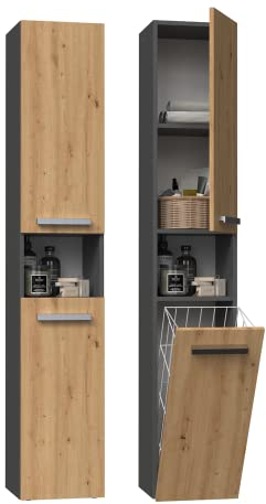ADGO Badezimmerschrank mit wäschekorb Artisan Antrazite - Kleiderschrank - Badezimmermöbel - Badezimmerregal - Aufbewahrungsschrank - Bad Hochschrank - Badezimmerschrank Hoch - Mehrzweckschrank
