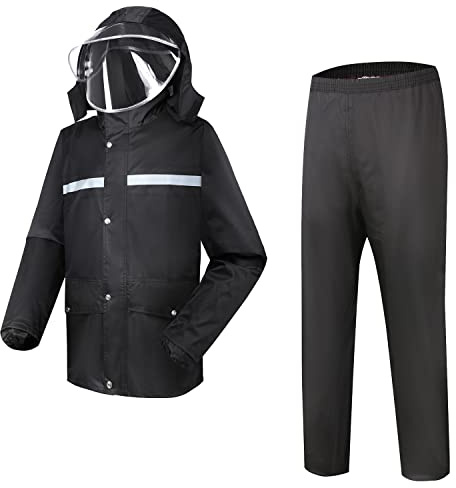 LUI SUI Men's Rain Suit Waterproof Jacket & Trouser Suit Raincoat Unisex Rain Jacket Outdoor Anti- Storm Hooded Rainwear with Safe Reflective Strip