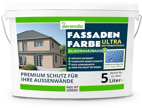 derendo Fassadenfarbe Braun ULTRA Silikonharzfarbe Haselnuss aussen 5l | Für Putz Beton, Abperleffekt, wasserabweisend, UV-beständig, hohe Deckkraft, rissfüllend, diffusionsoffen, Made in Germany,