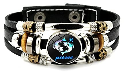 Bracelet En Cuir Lumineux 12 Constellations - Bracelet Punk Tissage Multicouche Douze Signes Du Zodiaque,Balance Scorpion Vierge Lion Bouton Temps Gem Bracelet Pour Homme Et Femme,Poissons,Taille Uniq