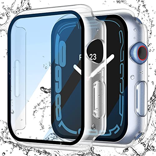 Misxi wasserdichte Schutzhülle für 41mm Apple Watch Series 9/8/7 | 2 Stück Hard-PC Hülle, Gehärteter Glas Displayschutz, Stoßfeste Vollschutz und Kratzern, Ultradünn, Transparent