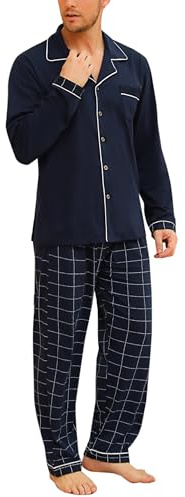 Bresdk Pigiama Uomo Cotone Lungo Invernale Manica Lunga con Bottoni Pigiami Due Pezzi Classico Aperto Davanti Caldo e Morbido, Blu Navy, XXL
