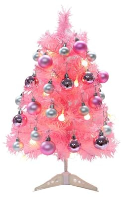 Uposao Mini Kleiner rosafarbener Weihnachtsbaum Künstliche Weihnachtsbaum mit Weihnachtskugeln und LED Beleuchtung für Weihnachten Partys Zuhause Drinnen und Draußen 60CM