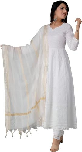 INDACORIFY Kurti indiano Chikankari in cotone per donna, abito estivo Kurta pant con set Dupatta, Kurta lungo-piccolo pakistano (M)