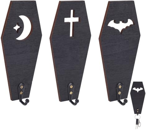 INFUNLY 3PCS Gothic Coffin Wall Hooks Black Wood Key Holder Coffin-Shaped Wall Mounted Gothic Home Decor Coffin Moon Wall Hanger with Hooks Decoration Key Holder for Home Decor with Mounting Hardware