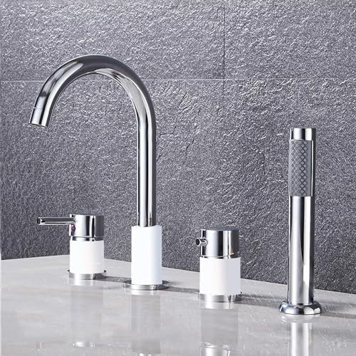 Badewannenarmatur, Deckmontage, 4-Loch-Badarmaturen-Set mit Dusche, Badezimmer-Duscharmatur, Wannenarmatur, Weiß + Chrom