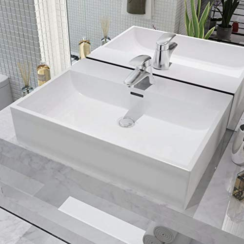 ARKEM Waschbecken mit Hahnloch Keramik Weiß 60,5x42,5x14,5 cm WaschschüSsel Aufsatzwaschbecken Bathroom Accessories Waschbecken
