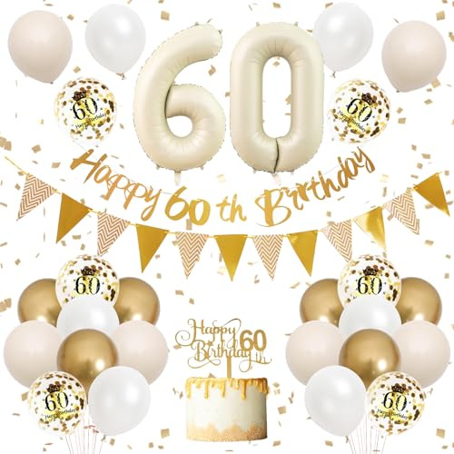 60th Birthday Decorations Sand White Gold,Happy 60th Banner with Cake Toppers,Confetti Balloons,Beige Number 60 Balloons for Women Men Birthday Party