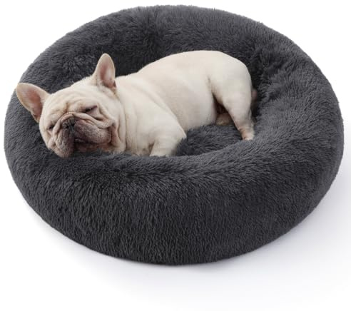 BEDSURE Hundebett waschbar Flauschiges Katzenbett - Ø 70 cm Katzenschlafplatz für Katzen und Hunde, plüsch Katzenkissen rund Kuschelbett, Dunkelgrau