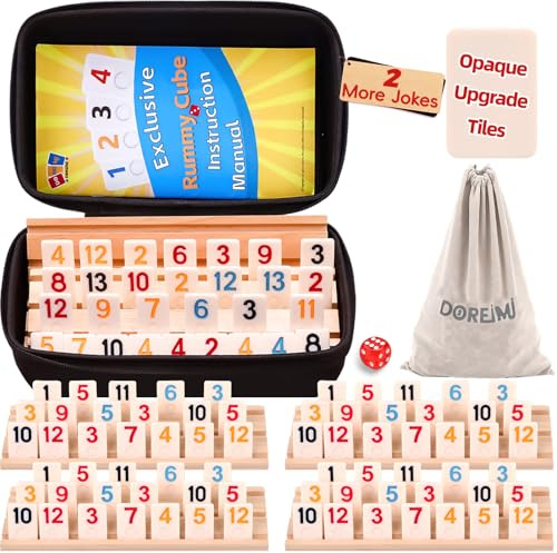 Doreimi Upgraded Rummy Cube Game Set 4 Players, Travel Family Board Game for Adults and Kids Age 8+,Birthday Gifts for Women Men Dad Mom （108 Tiles+4 Racks ）