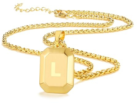 Männer Herren Edelstahl Halskette Mit Alphabet Schmuck Geschenke | Silber Schwarz Gold Quadrat Hundemarke Initial Monogramm A-Z Kette für Jungen 20 + 2 Zoll Weizen Kette Unisex