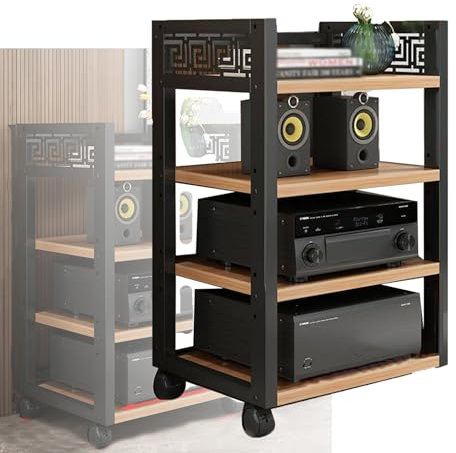 Medien-Regal aus Holz, 4 Etagen, DVD-CD-Player, Audio-Schrank mit verstellbaren höhenverstellbaren Regalen, bodenstehendes Aufbewahrungsregal für Endstufen und Ausrüstung (Farbe 1)