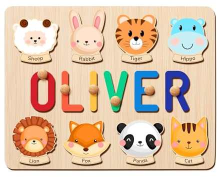 GifXify Personalisierte Holzpuzzle mit Name - Personalisierte Geschenke Baby - Montessori Spielzeug ab 1 Jahr, 2 Jahre - Steckpuzzle Holz mit Namen - Motorikspielzeug Kinder ab 1 Jahren (Vocab)