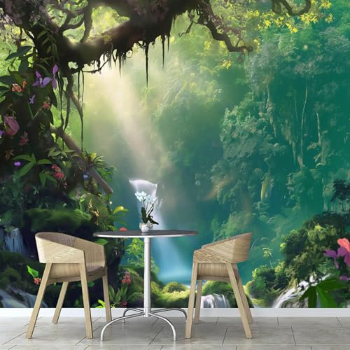 Papel Pintado Pared Cascada En El Bosque Profundo 3D Fotomurales, Naturaleza Salón Dormitorio Despacho Pasillo Decoración murales decoración de paredes 350× 256 cm