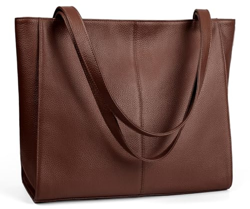 befen Echtleder Handtasche Damen Groß Shopper Tasche mit 14 Zoll Laptopfach, Mode Leder Tote Bag Schule Arbeit Freizeit Henkeltasche mit Reißverschluss, Kaffee