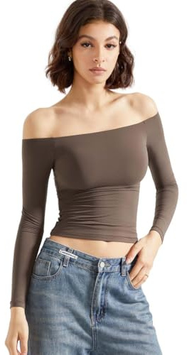 AOWVUTS Camiseta De Manga Larga para Mujer Top De Camiseta Corta Casual Hombros Descubiertos Túnica Tops Slim Fit Crop Tops Basic Blusa tee Tops Y2k Tops Club Party Streetwear