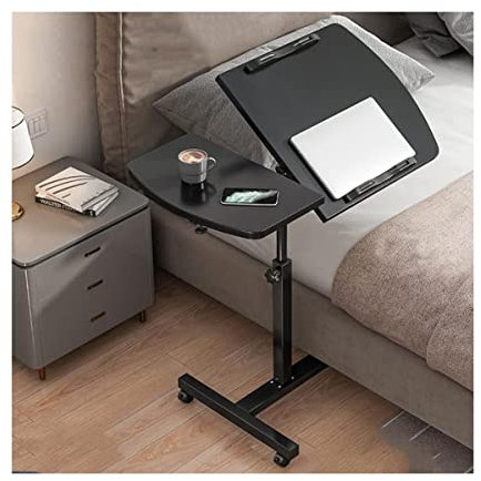 OLSKFUH Überbetttisch, Höhenverstellbar, Rollender Laptopständer, Überbetttisch Mit Kippbaren Schreibtischplatten, Mobiler Computerarbeitsplatz Für Büro Und Zuhause, Leicht,Black