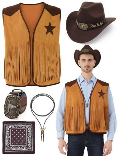 Ragelion 5 Pièces Denim Vêtements Hommes Western Vest Chapeau Cravate Boucle Ceinture Collier Halloween Cosplay Collier (FR/ES, Alpha/lettres, TG, Taille normale, Taille normale, Kaki)