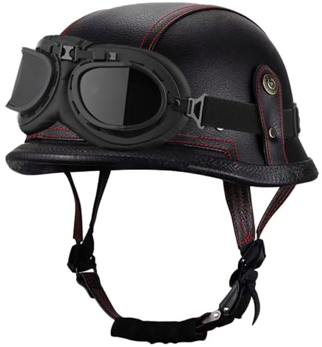 Retro Half Shell Motorcycle Skull Cap Helmet German Style Leather Open Face Half Helmet DOT Approved Men Women Adults Scooter Moped Cruiser Chopper V Motorbike Helmet with Glasses(L,Large)